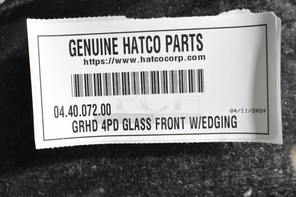 Hatco GRHD 4PD Glass Front w/ Edging, brand new, genuine part tag visible, slight scratch and dent condition.