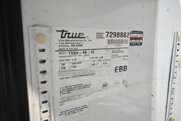 True TSSU-48-12 prep table label showing model, voltage 115V, and Made in USA mark. NSF compliant.