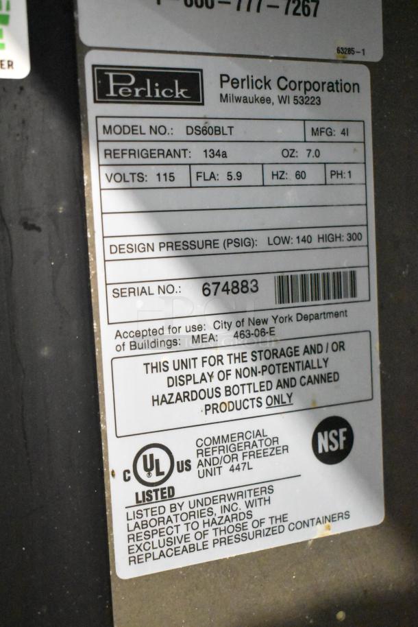 Perlick DS60BLT kegerator label. Stainless steel, commercial use. 115 volts, 1 phase. Serial: 674883. NSF and UL listed.