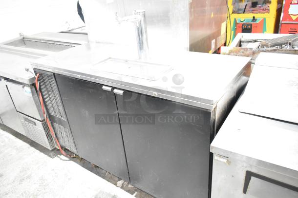 Perlick DS60BLT stainless steel commercial kegerator with beer tower, 115V, 1 phase. Black doors, visible ventilation, good condition.