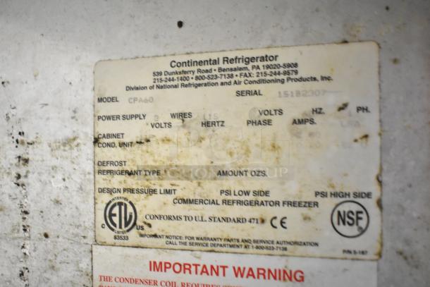 Continental CPA60 stainless steel prep table, 115 volts, single phase, on commercial casters. Label shows model and specs.