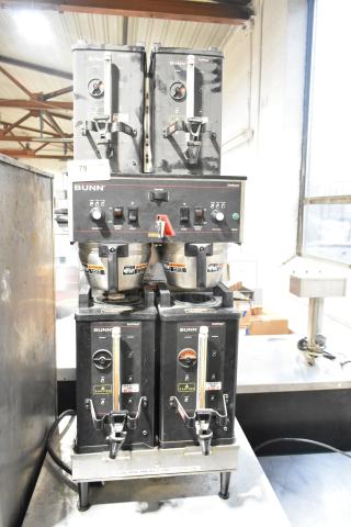 2016 Bunn DUAL SH Stainless Steel Commercial Countertop Double Coffee Machine w/ Hot Water Dispenser, 4 Server Satellites and 2 Metal Brew Baskets. 120/240 Volts, 1 Phase. - Item #1227547