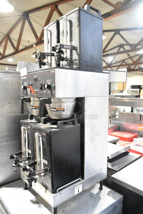2016 Bunn DUAL SH Stainless Steel Double Coffee Machine with hot water dispenser, 4 server satellites, 2 brew baskets.