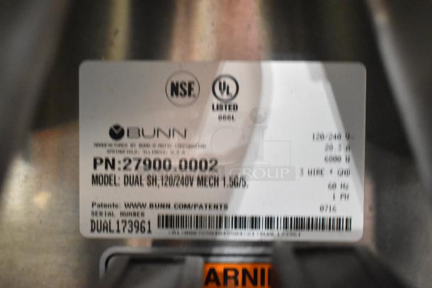 2016 Bunn DUAL SH stainless steel commercial coffee machine label, NSF and UL listed, Model: DUAL SH, PN: 27900.0002.