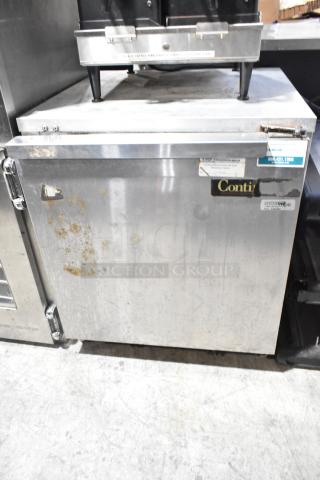 Continental UR27 stainless steel commercial cooler, single door, on casters, 115V, 1 phase, with visible wear and labels.