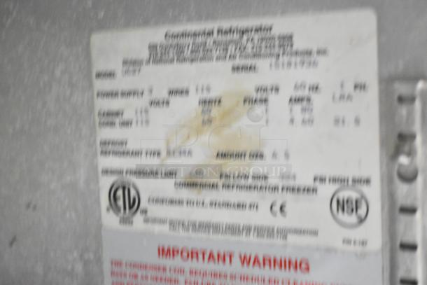 Continental UR27 commercial cooler label, 115V, 1 phase, stainless steel, on casters. Features essential specifications.