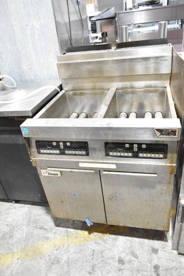 Dean SCFHD250GNC stainless steel 2-bay deep fat fryer, 100,000 BTU, natural gas powered, commercial floor style, used condition.