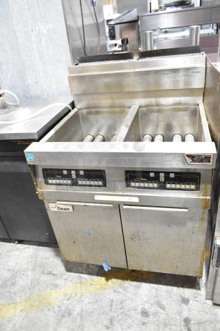 Dean SCFHD250GNC stainless steel 2-bay deep fat fryer, 100,000 BTU, natural gas powered, commercial floor style, used condition.