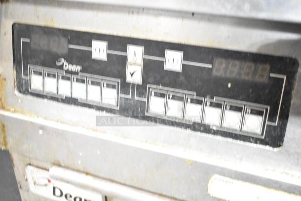 Dean SCFHD250GNC stainless steel commercial fryer, natural gas, 2-bay, 100,000 BTU, floor style, control panel shown.