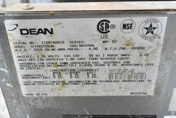 Dean SCFHD250GNC stainless steel commercial 2-bay deep fat fryer, natural gas, 100,000 BTU, with manufacturer labels.