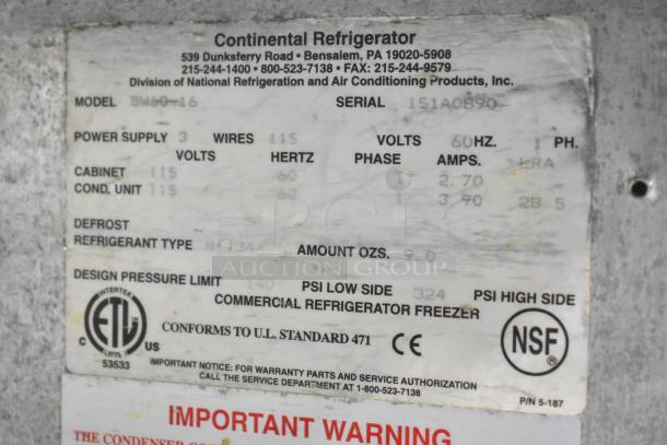 Label on Continental BW60-16 stainless steel commercial sandwich salad prep table, showing model, voltage, and certification details.