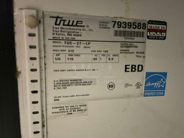 True TUC-27-LP undercounter refrigerator label, showcasing model, 115V, Energy Star certified, NSF listed, fully tested condition.