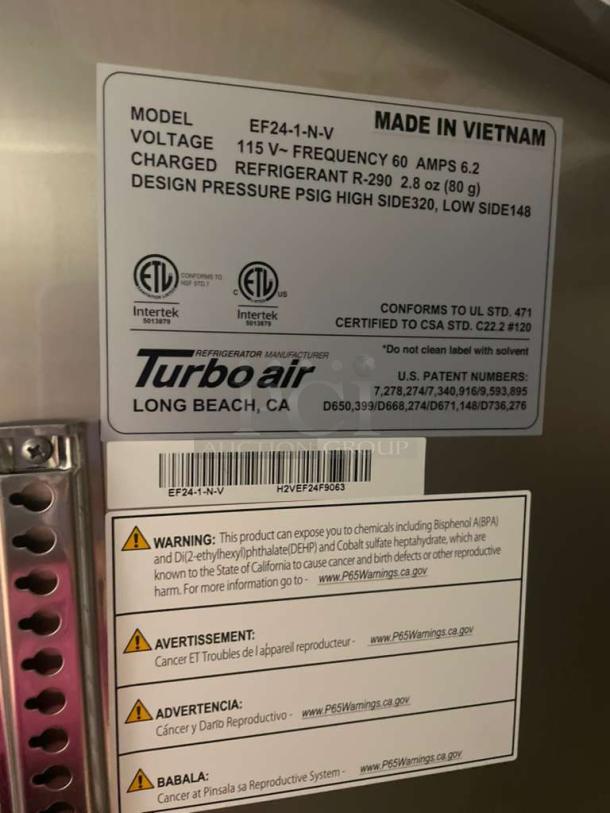 Turbo Air EF24-1-N-V commercial freezer label detailing 115V, 60Hz, R-290 refrigerant, and safety warnings. Fully tested.