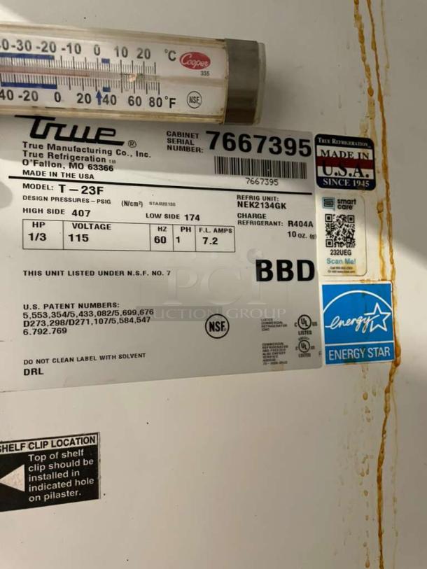 True T-23F Commercial Freezer label, showing model, serial number, and Energy Star rating. Made in USA.