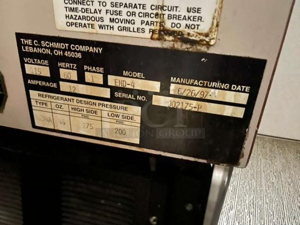 C. Schmidt Refrigerated Display Merchandiser EHD-4 label showing 115V, single phase, 12A, made 6/26/97, serial 002175-P.