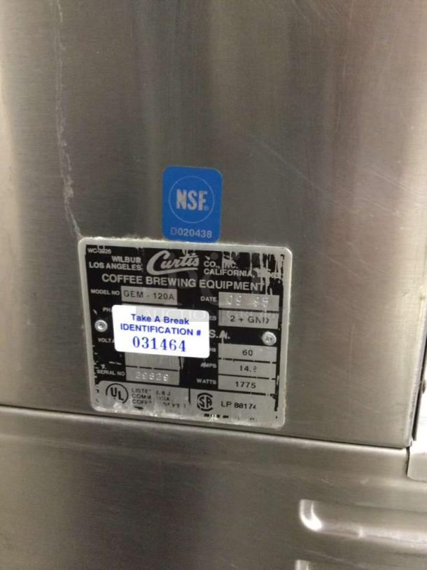 Curtis Gemini GEM-120A Coffee Brewer, pristine condition, 115V, NSF certified, serial no. 29629, fully tested and working.