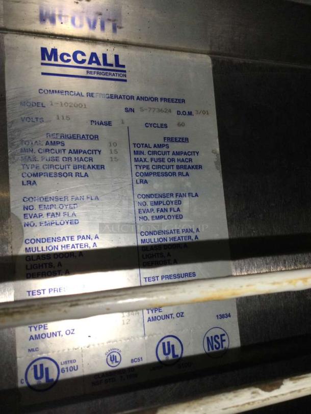 McCall Refrigeration label for model T-102001. Details specs, 115V, single phase, UL and NSF certified.