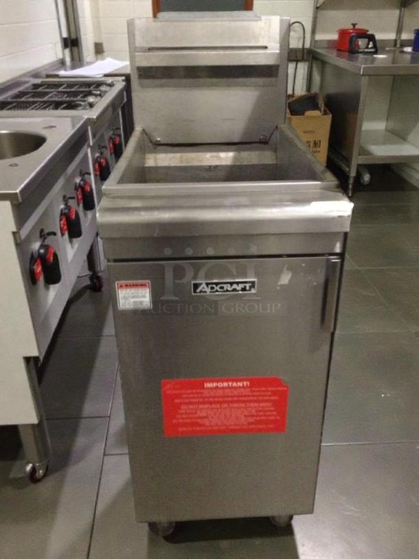 Adcraft GF-90/NG commercial gas fryer, natural gas, stainless steel, excellent condition, fully tested, visible warning label.