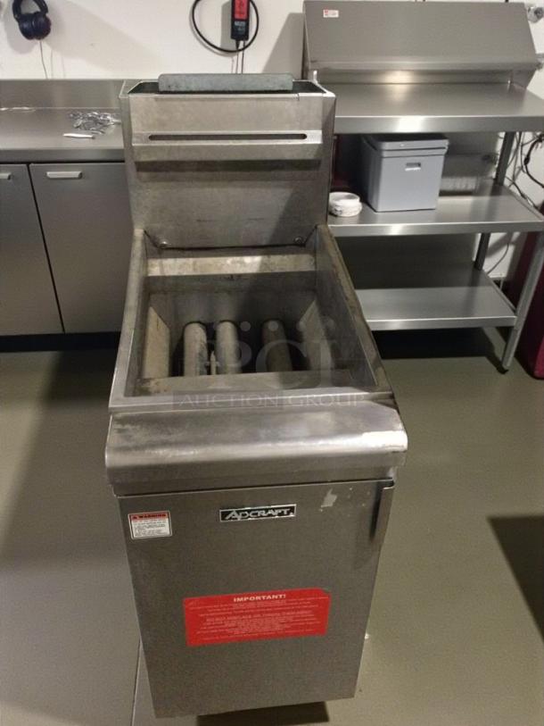 Adcraft GF-90/NG commercial gas fryer in exceptional condition, natural gas model. Features durable stainless steel build. Fully tested. Tags indicate safety warnings.