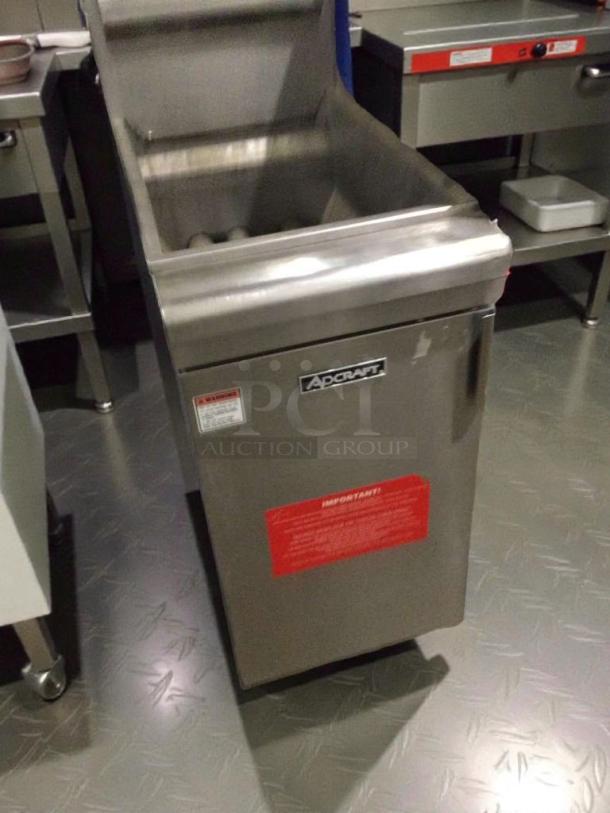 Adcraft GF-90/NG commercial gas fryer, exceptional condition, natural gas, fully tested, Adcraft label visible.