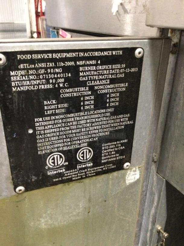 Adcraft GF-90/NG Commercial Gas Fryer, natural gas, 90,000 BTU, fully tested, excellent condition, detailed specification label.