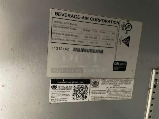 Beverage-Air UCR48A-23 commercial undercounter refrigerator label. Model shows 115V, single phase. Immaculate condition.