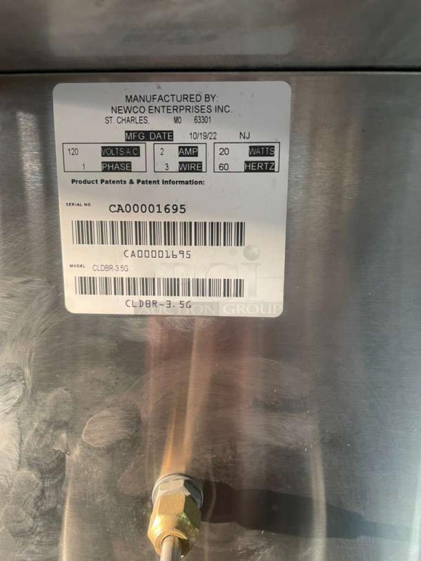 Globe CLDBR-3.5G Cold Brew Dispenser, pristine condition, model tag visible, 120V, single phase, serial CA00001695.