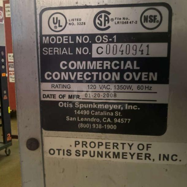 Otis Spunkmeyer OS-1 convection oven label showing model, serial number C0040941, 120V, 1350W, and manufacturer details.