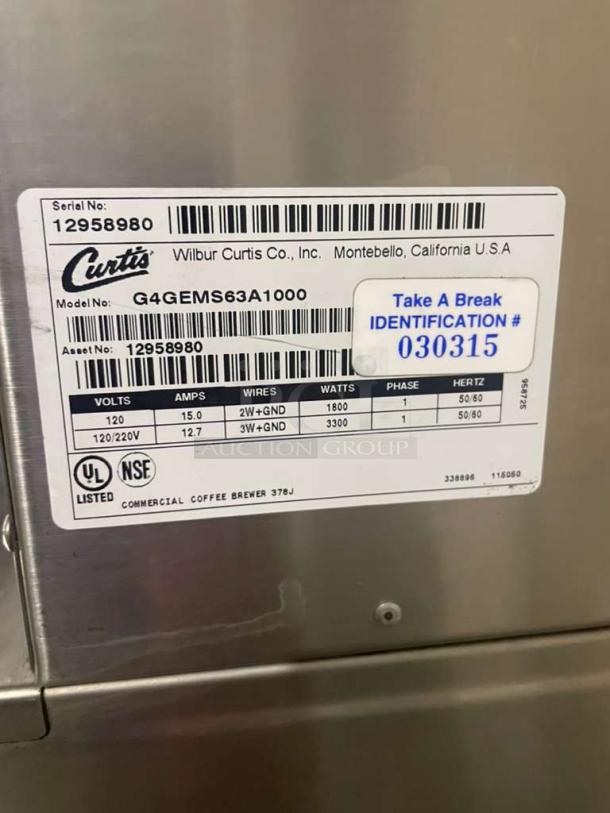 Curtis G4GEMS63A1000 coffee brewer nameplate with model, serial, and electrical details visible.