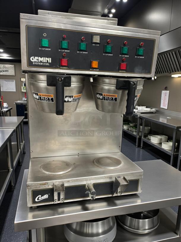 Wilbur Curtis GEM312IL commercial coffee brewer, high-grade, Gemini System, stainless steel, fully tested, 120V, single phase.