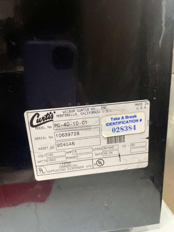 Wilbur Curtis PC-4D-10-01 cappuccino dispenser, like new, 120V, serial 10639728, asset 954546, UL listed, fully tested.