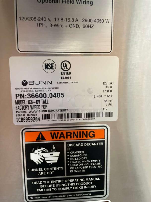 BUNN ICB-DV Tall Coffee Brewer label showing model, voltage, and safety warnings. Fully tested, premium condition.