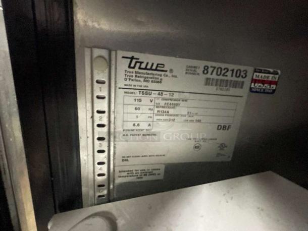 True TSSU-48-12 refrigerated prep table label, superior condition, 115V, fully tested, serial #8702103. Made in USA.