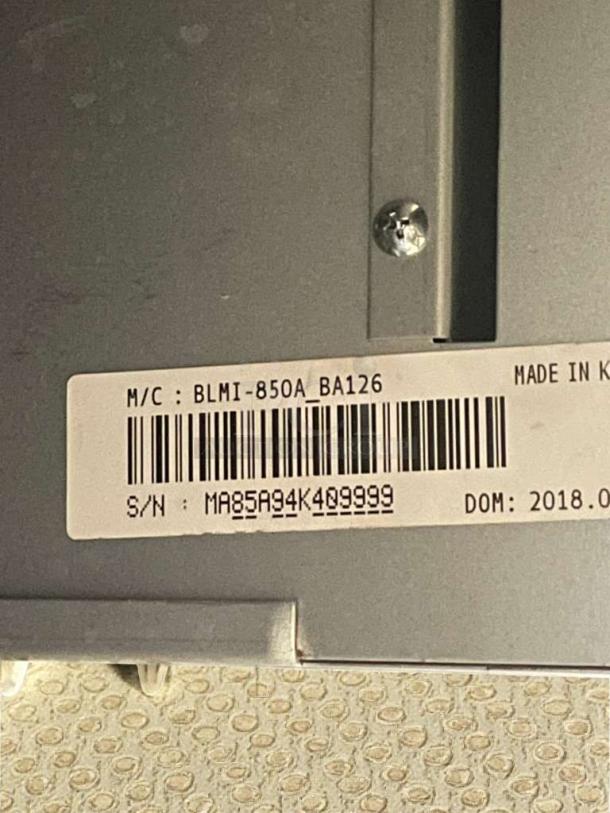 Scotsman BLMI-850A ice maker label, model BLMI-850A_BA126, serial MA85A94K409999, made in Korea, DOM 2018.02.28.