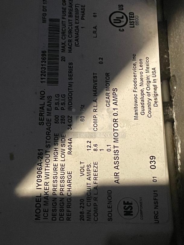 Manitowoc IY0906A-261 commercial ice maker label, indicating 208-230V, UL listed, NSF certified, fully tested, excellent condition.