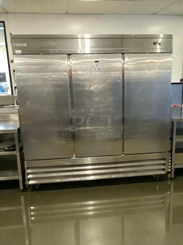 Kintera 3-Door Commercial Refrigerator, model KEM3F, pristine condition, stainless steel, 115V, fully tested, USA-made.