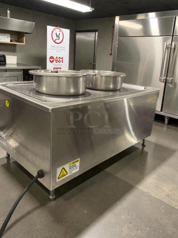 Winco FW-S500 Electric Food Warmer in excellent condition, dual pots, 120V, fully tested, warning labels visible.