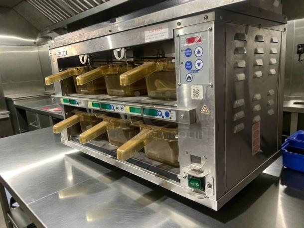 Prince Castle EHBP23 heated holding bin in pristine condition, 120V single phase, labels indicate fully tested and working.