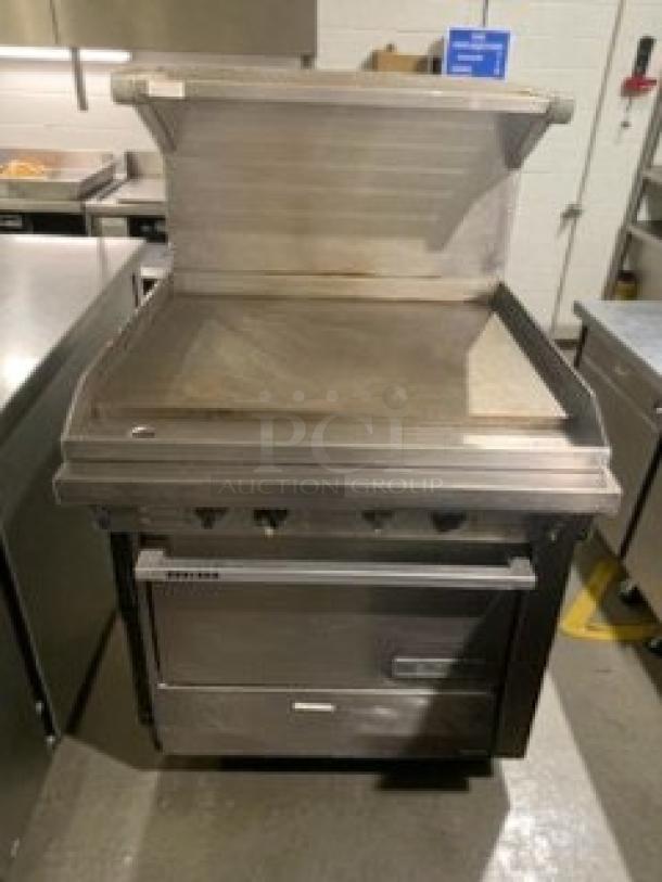 Like-new commercial gas range with flat griddle and oven, fully tested. Model GAS-L-RNG-0183 by Commercial Kitchen Equipment – USA.