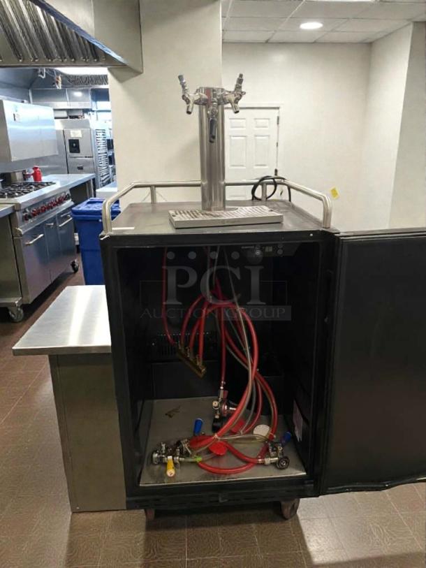 Kegco 3.4 CF Stainless Steel Beer Kegerator, model BEV-M-KGR-0186, open to show interior components. Fully tested, excellent condition.