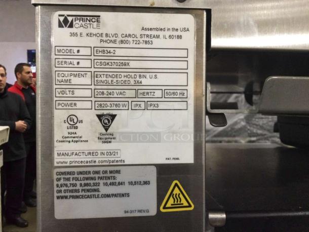Prince Castle EHB34-2 Extended Hold Bin, 208-240V, high-grade condition, fully tested, model tag detail visible.