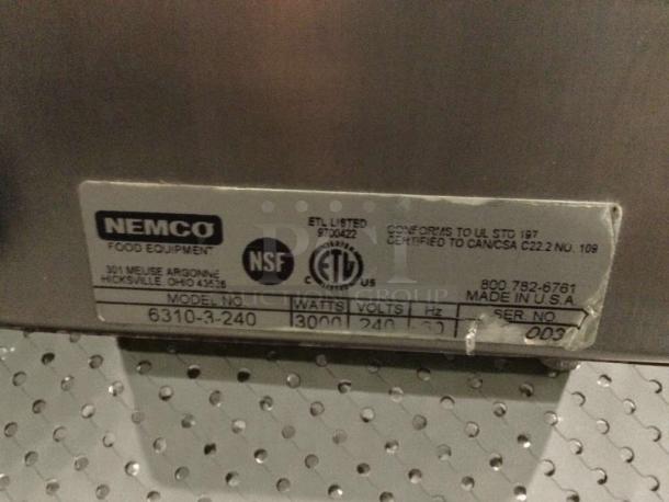 Nemco 6310-3-240 commercial electric hot plate, 240V, excellent condition, NSF certified, USA made. Model tag visible.