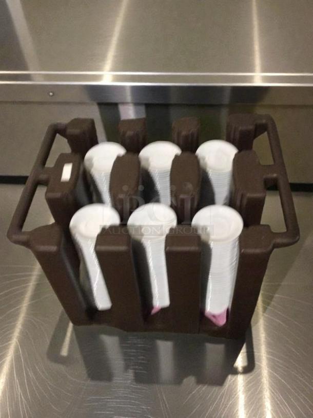 Like-new mobile dish & plate dispensing cart, heavy-duty, brown, GEN-M-CART-0191, ready for service, holds multiple stacks.