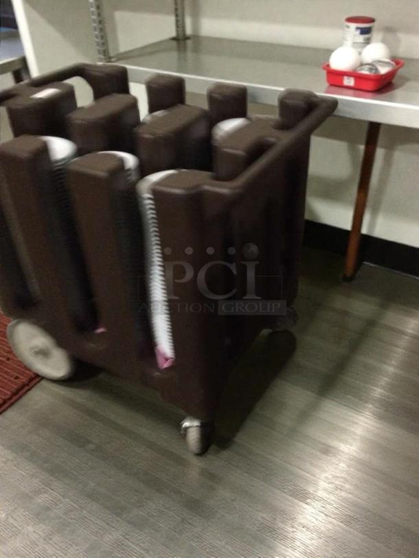 Like-new commercial mobile dish and plate dispensing cart, heavy-duty, brown, with multiple slots, wheels for mobility.