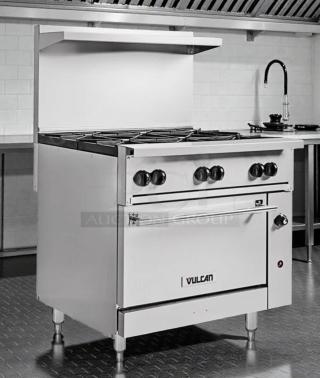 Vulcan 36C-6BN commercial gas range, 36", top-tier condition, natural gas, with oven, fully tested, Vulcan logo visible.