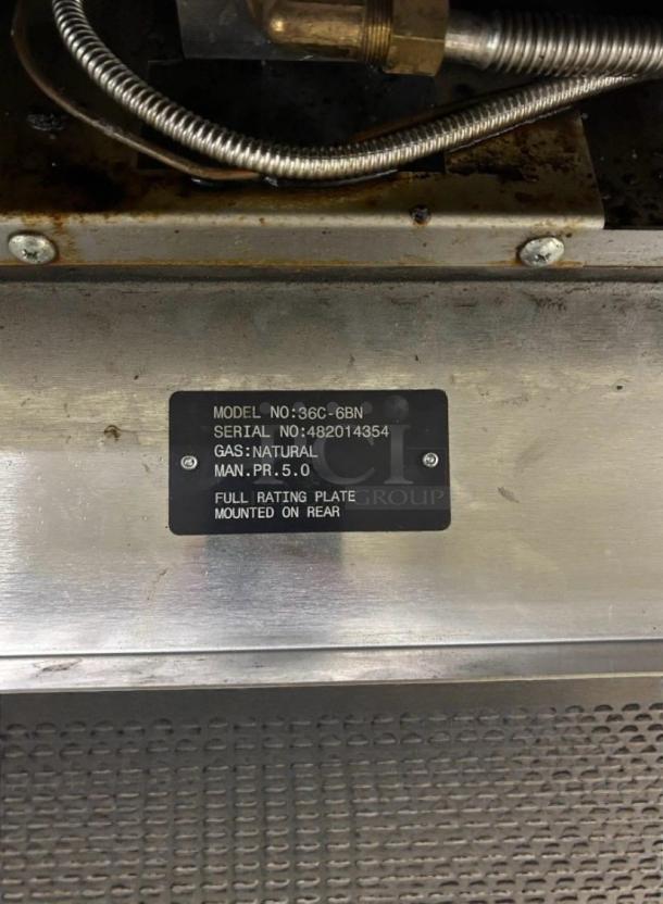 Serial plate of Vulcan 36C-6BN commercial gas range. Shows model, serial, gas type, and mounting info.