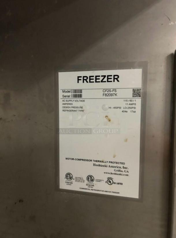 Hoshizaki CF2S-FS commercial freezer label, model CF2S-FS, 115V, 11 amps. Made by Hoshizaki America, Griffin, GA.