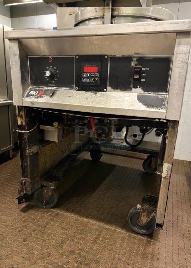 BKI FKM-F commercial pressure fryer, top-tier condition, 208V/3-phase, fully tested, visible controls and casters, USA-made.