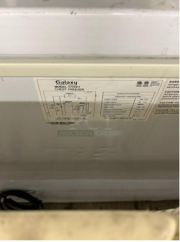 Galaxy 177CF7 commercial chest freezer label showing specifications. Immaculate condition, 115V, single phase, fully tested.