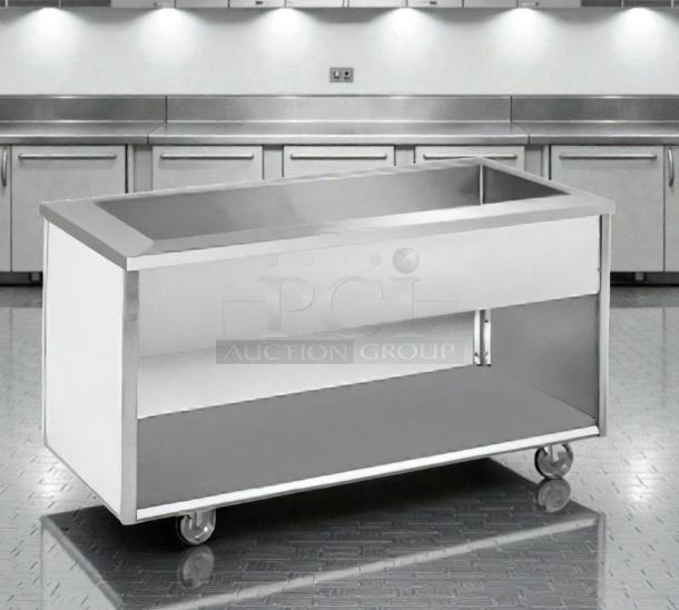 Immaculate Randell RAN IC-5S refrigerated serving counter, stainless steel, tested, 115V, single phase, on casters.